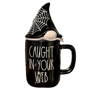 Rae Dunn Halloween Spiderweb Gnome Coffee Mug W Lid Topper CAUGHT IN YOUR WEB